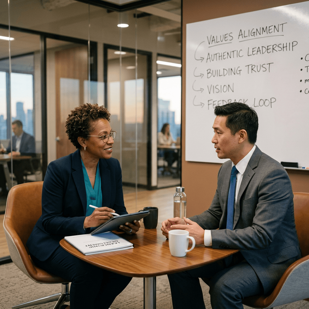 Two professionals discussing leadership beside a whiteboard in an office