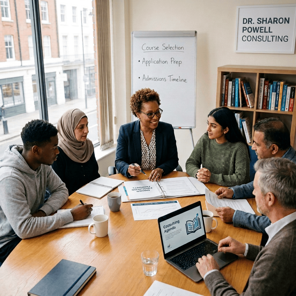 Educational consultant meeting with students and families around a table